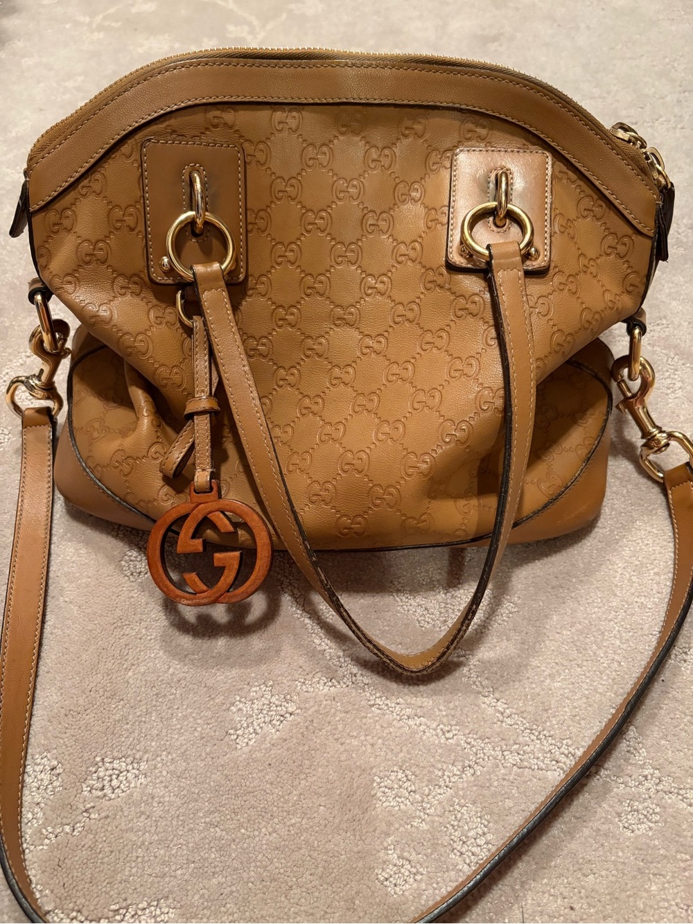 Gucci Tan Leather GG Logo Shoulder Bag with Wooden Charm